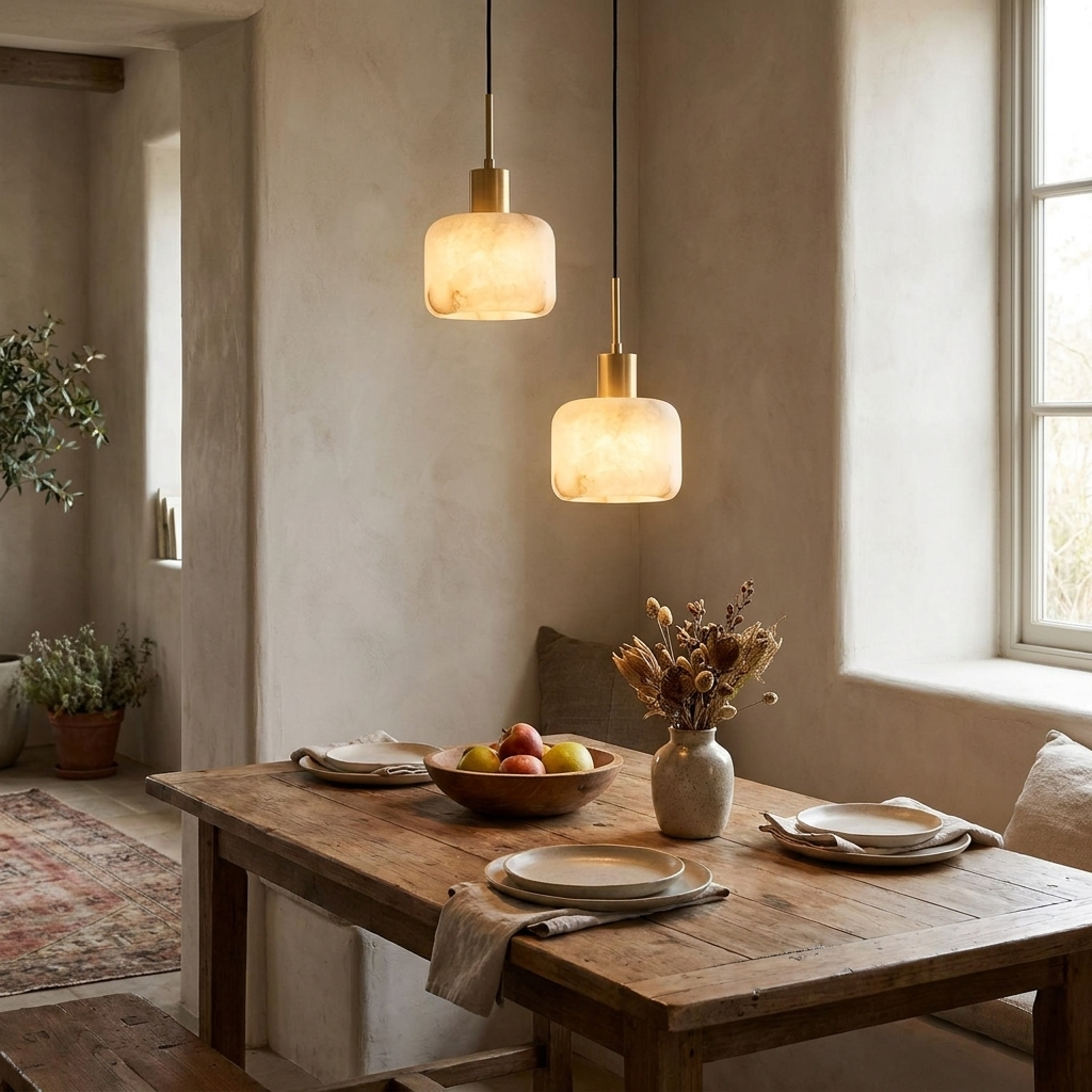 Natural Square Alabaster Chandelier in a styled interior setting