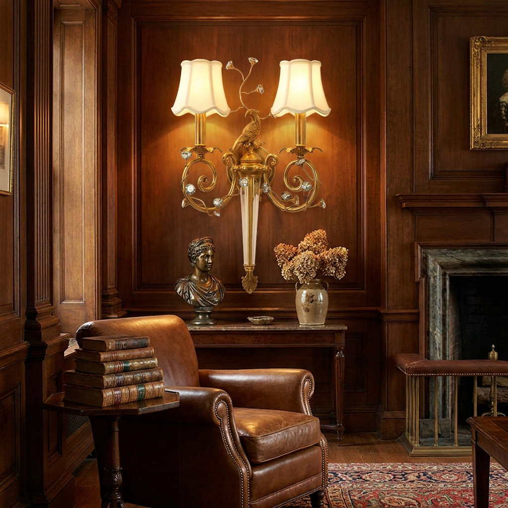 Delphia Peacock Wall Sconce in a styled interior setting