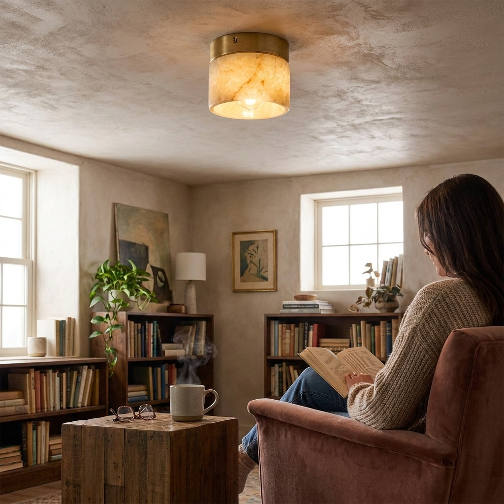Round Alabaster Semi-Flush Mount in a styled interior setting