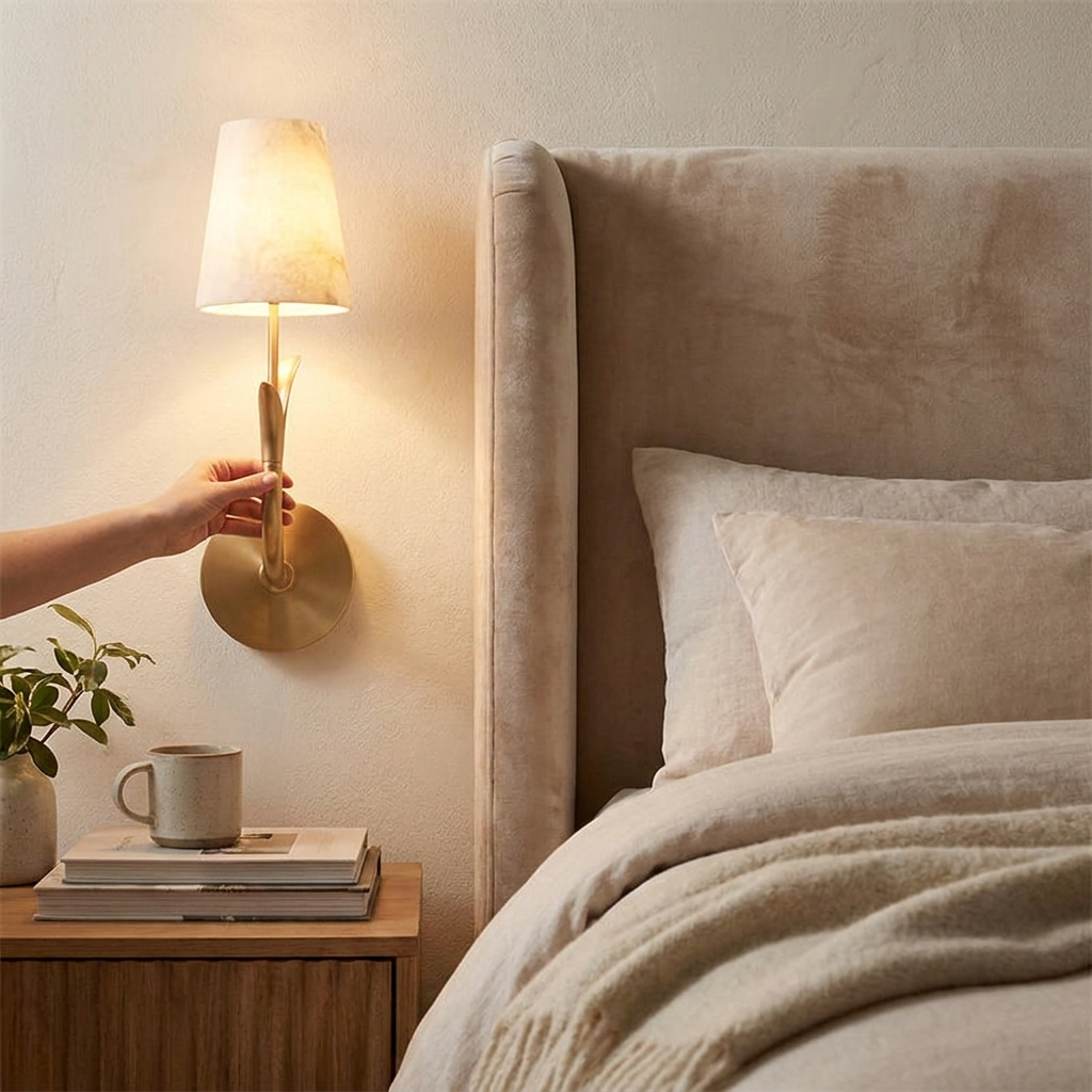 Deering Alabaster Wall Sconce in a styled interior setting