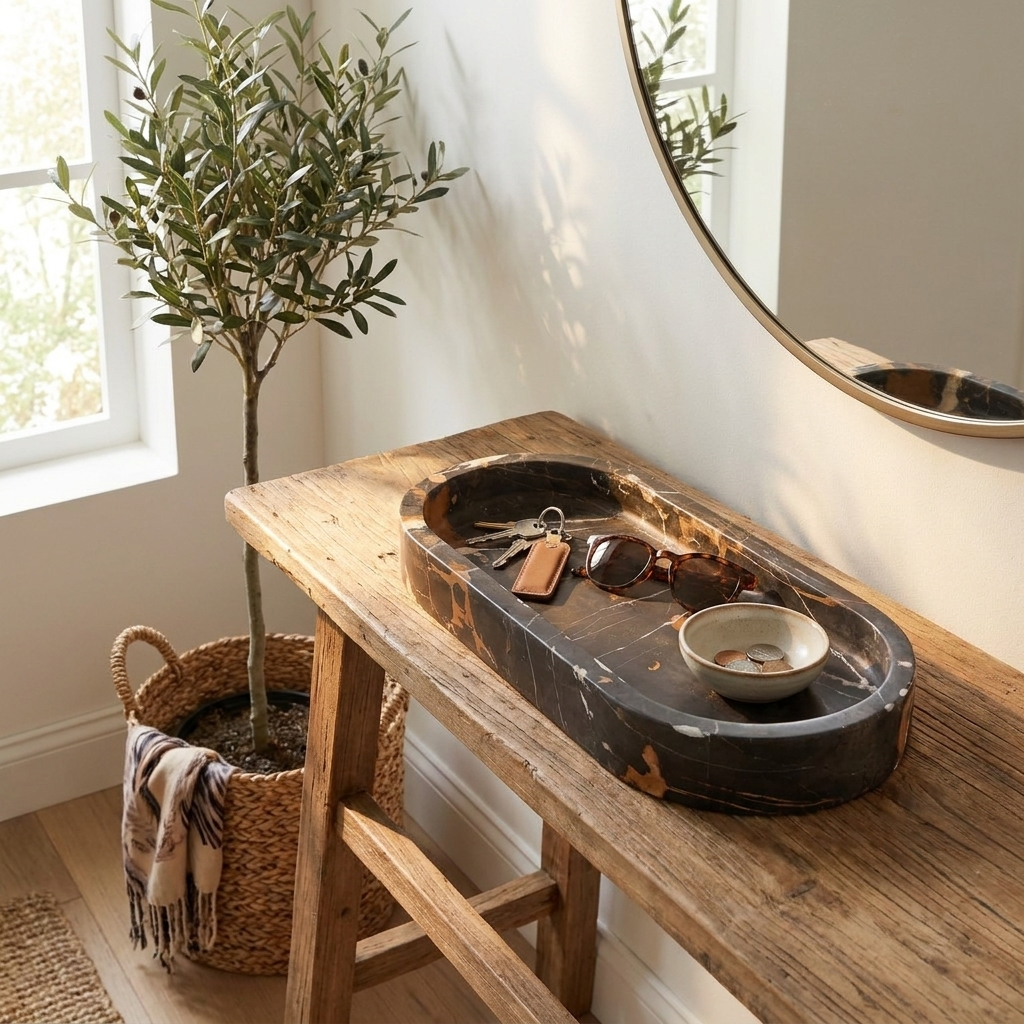 Ellipse Stone Tray in a styled interior setting