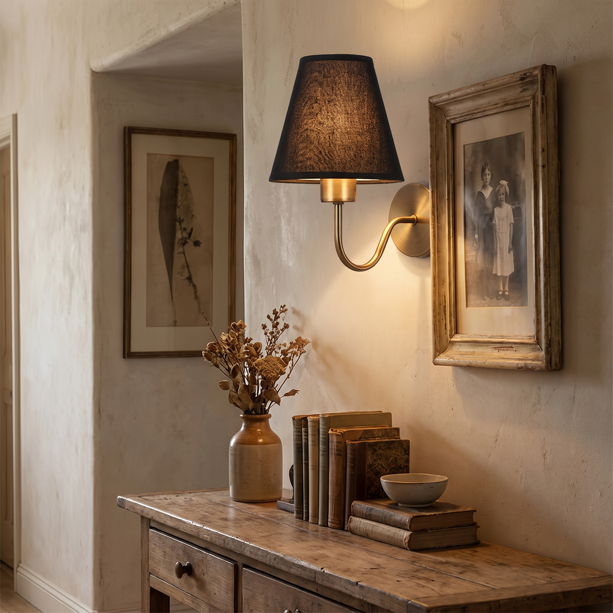 Antique Brass Tapered Shade Wall Sconce in hallway