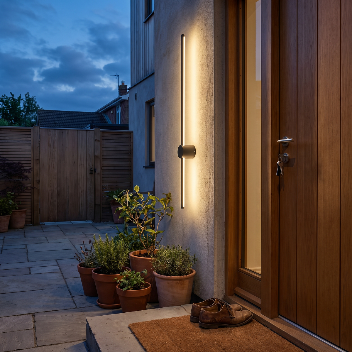 Outdoor linear wall lamp beside front door