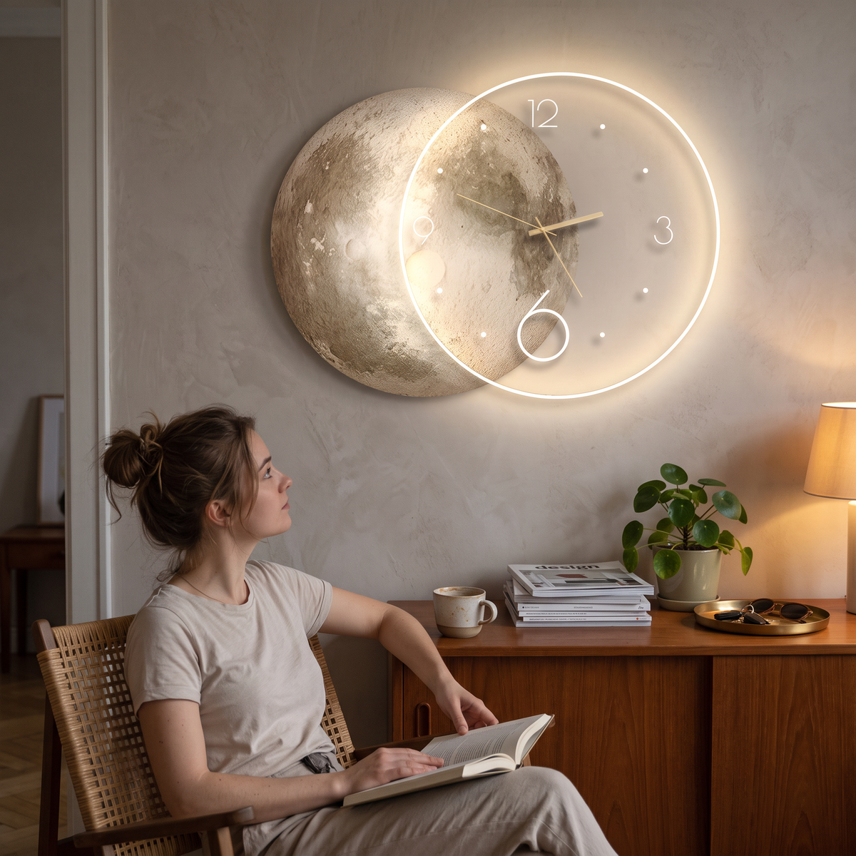 Moon Wall Clock with LED Light USB Powered Wall Mounted Timepiece